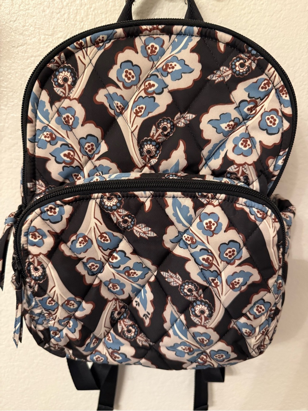 Vera Bradley Black Quilted Backpack with Blue and Cream Floral Print - Picture 7 of 8